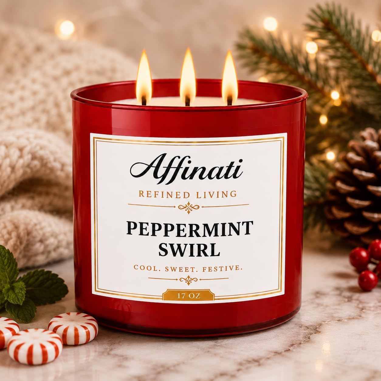 Affinati Peppermint Swirl 3 Wick Scented Candle – Large Soy Blend Candle, Strong Scent Throw Fresh Crisp Sweet Mint Winter Candles, Premium Holiday Home Fragrance Gift