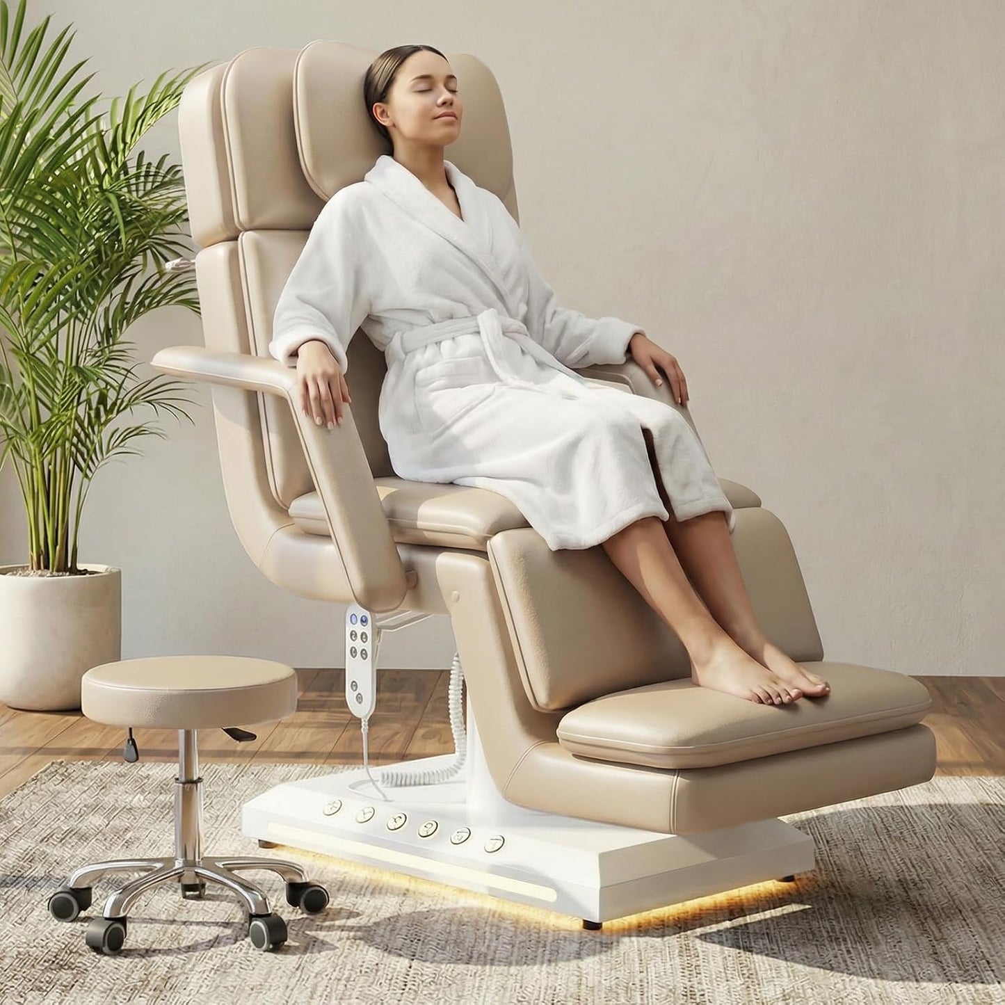 Electric Massage Table w/Stool, 3 Motor Professional Spa Bed, Foot Pedal & Remote Control, Height Adjustable Wide Facial Table for Salon & Spa (Champagne | with Rolling Stool)