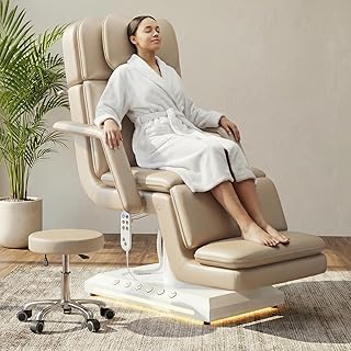 Electric Massage Table w/Stool, 3 Motor Professional Spa Bed, Foot Pedal & Remote Control, Height Adjustable Wide Facial Table for Salon & Spa (Champagne | with Rolling Stool)
