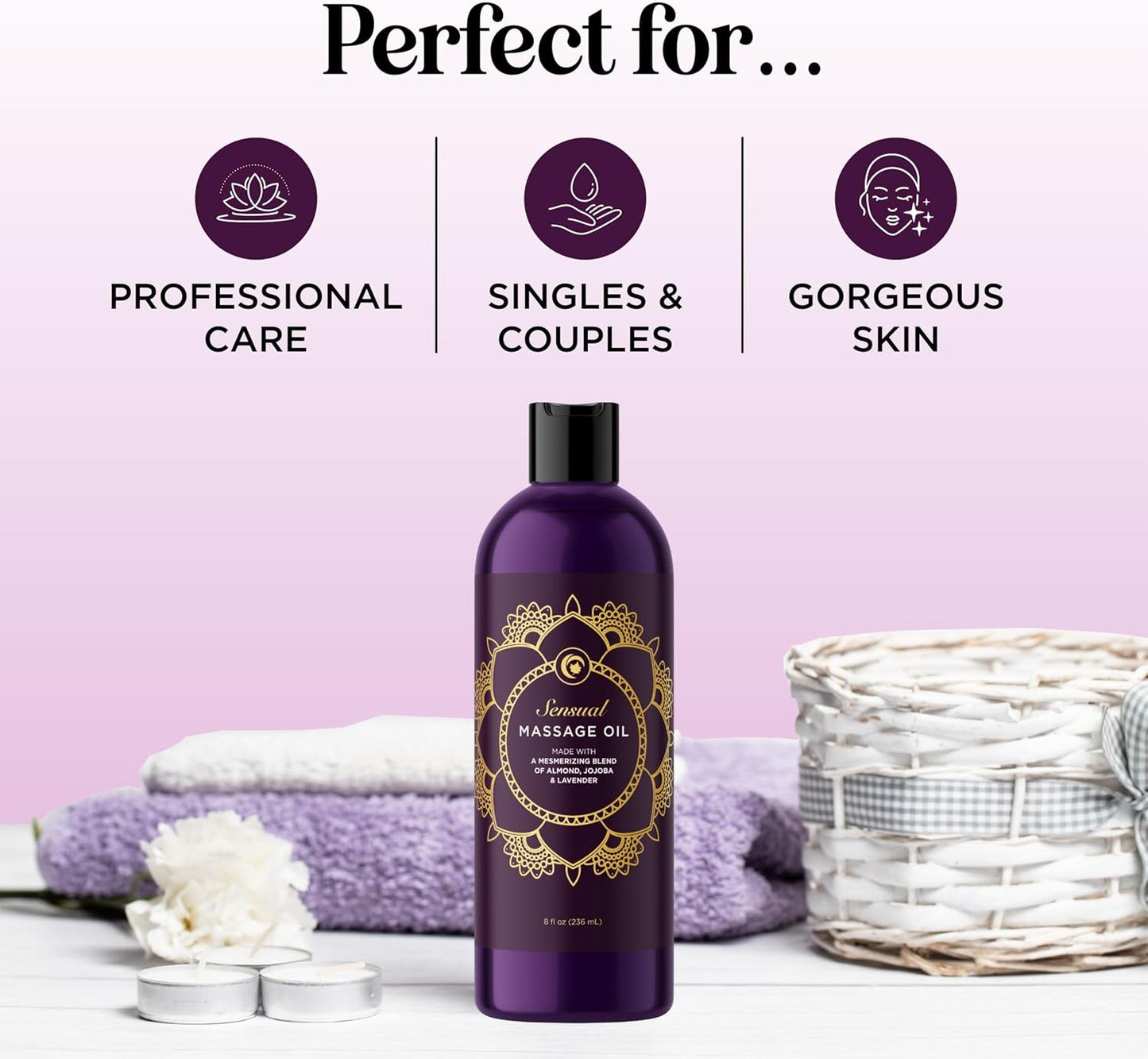 Aromatherapy Sensual Massage Oil for Couples - Relaxing Lavender Massaging Oil for Massage Therapy with Vitamin E Jojoba & Sweet Almond - Naturally Scented Vegan Non GMO & Gluten Free (8 Fl Oz)