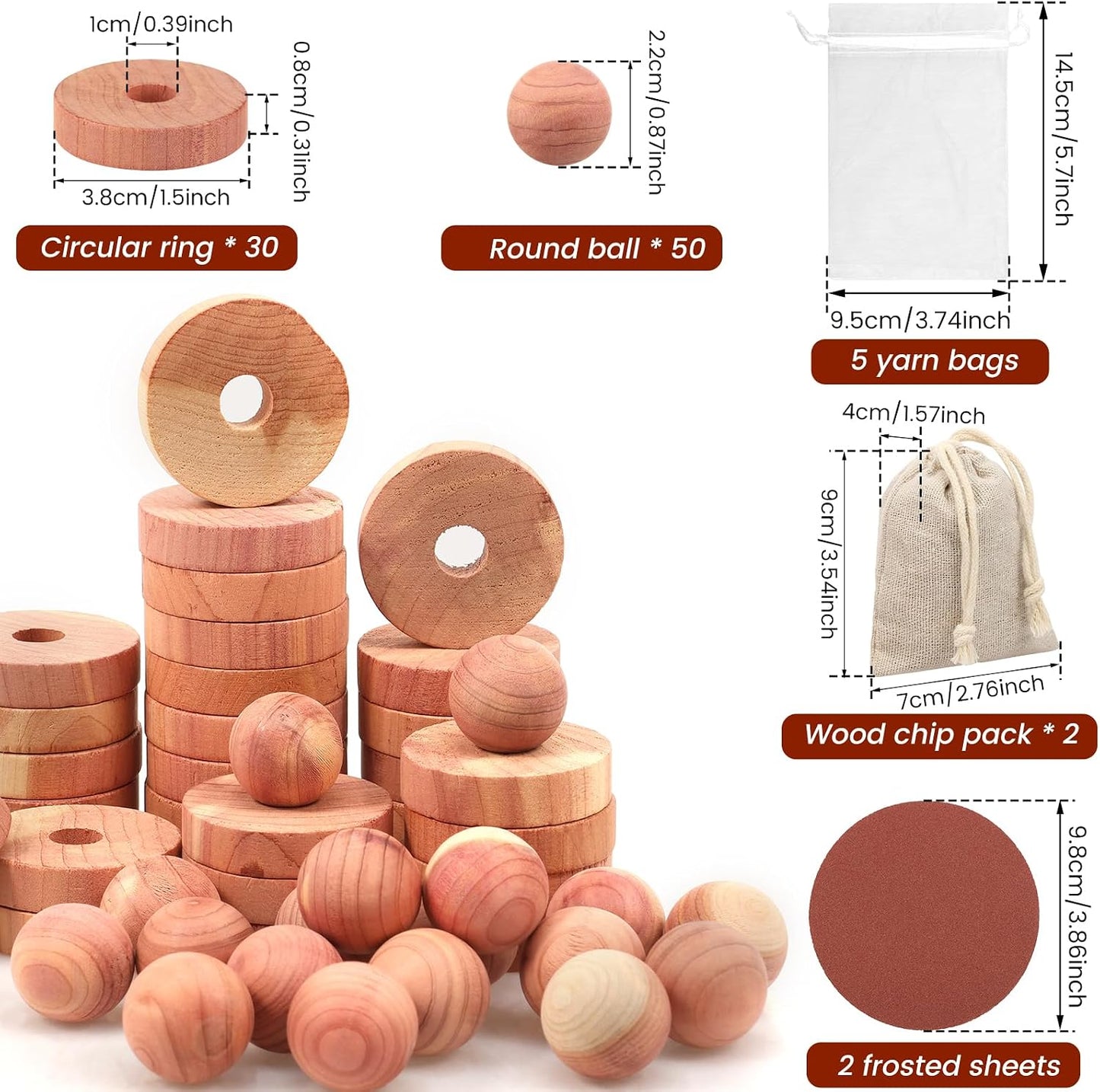 Cedar Blocks for Clothes Storage with Linen Bag, 100% Natural 50 Cedar Ball & 30 Ring for Closets & Drawers Fresh Scented Sachets