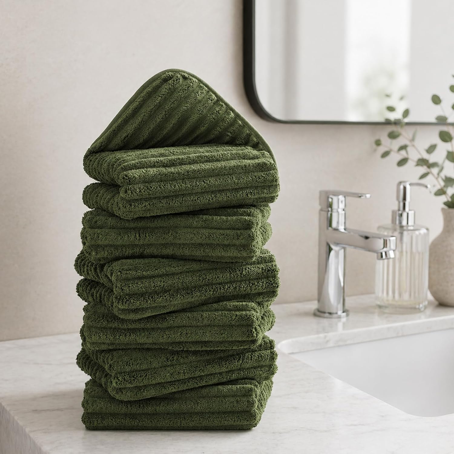 6 Pack Microfiber Hand Towels Set, 16 x 28 Inches, Ultra Soft & Highly Absorbent, Quick Dry Towels for Bathroom with Hanging Loop, Gym, Hotel and Spa(Olive Green)
