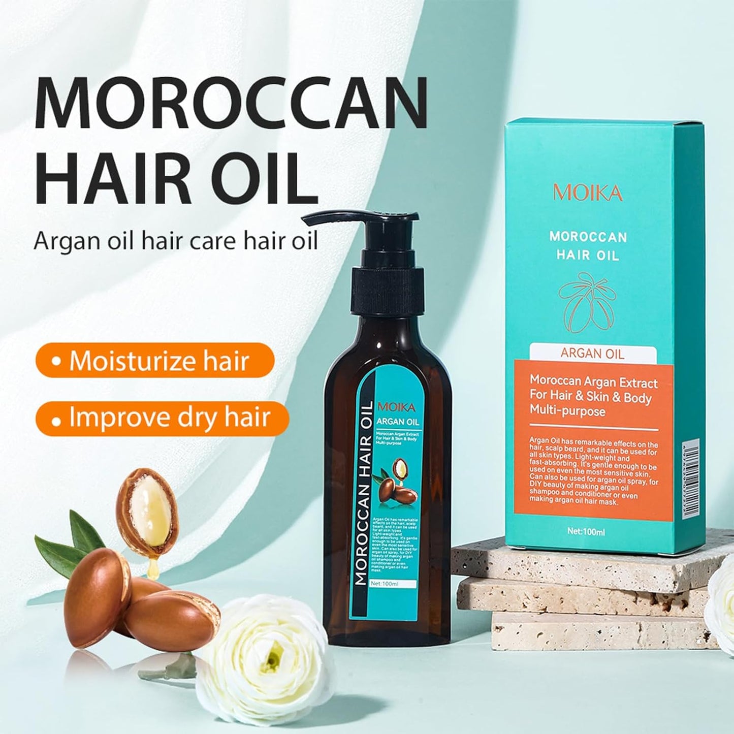 Moroccan Argan Oil, Hair Oil for Frizzy Hair, Morroccan Hair Care Oil Natural Serum Help Split Ends Dry Scalp Hair Care Products Strengthen Dry Damaged Curly Long Curly Hair Treatment Heat Protectant