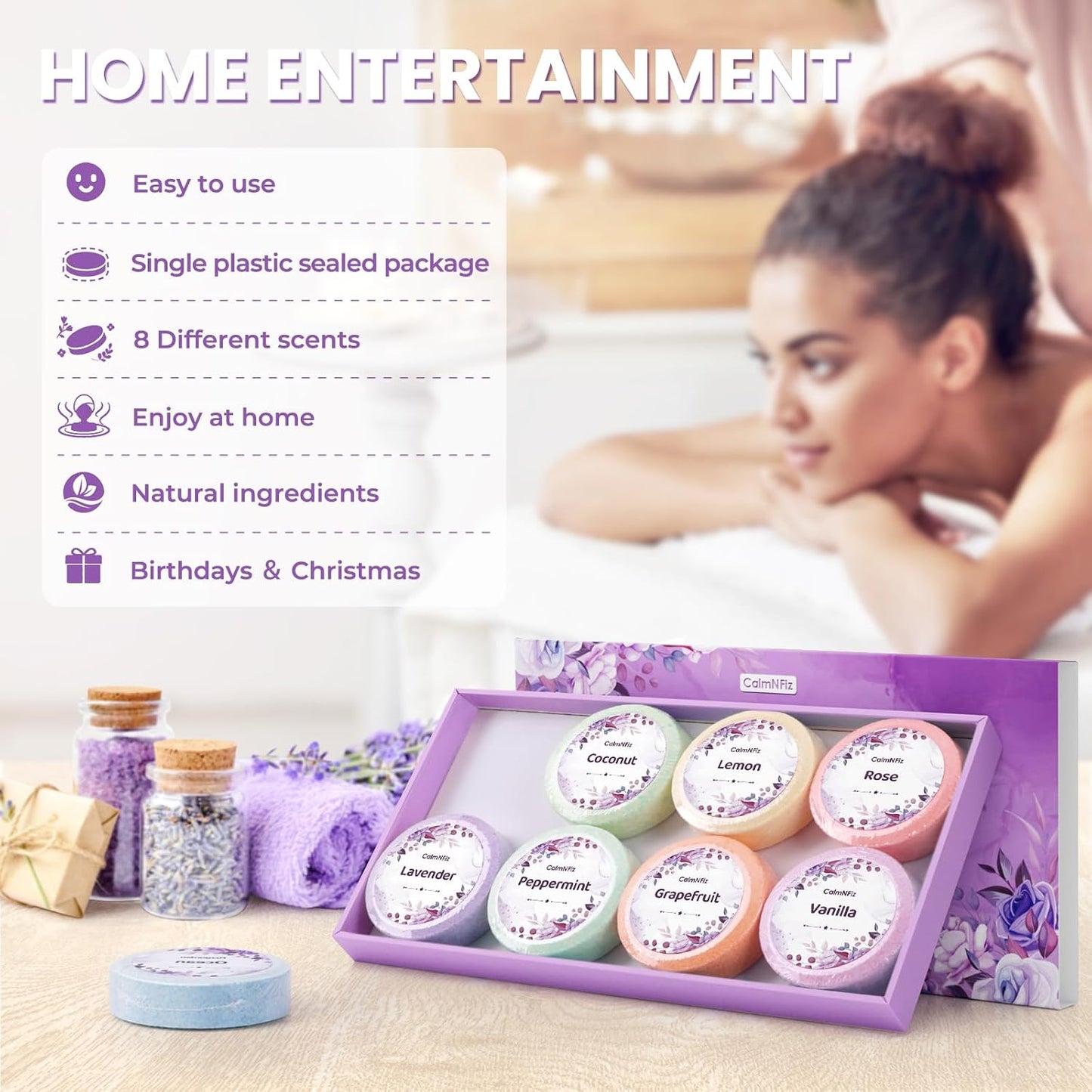 CalmNFiz Shower Steamers 8 Scents - Shower & Bath Bombs with Organic & Natural Fragrances for Teens and Adults - Birthday, Christmas Day Gift for Women Who Have Everything（Green + Purple）