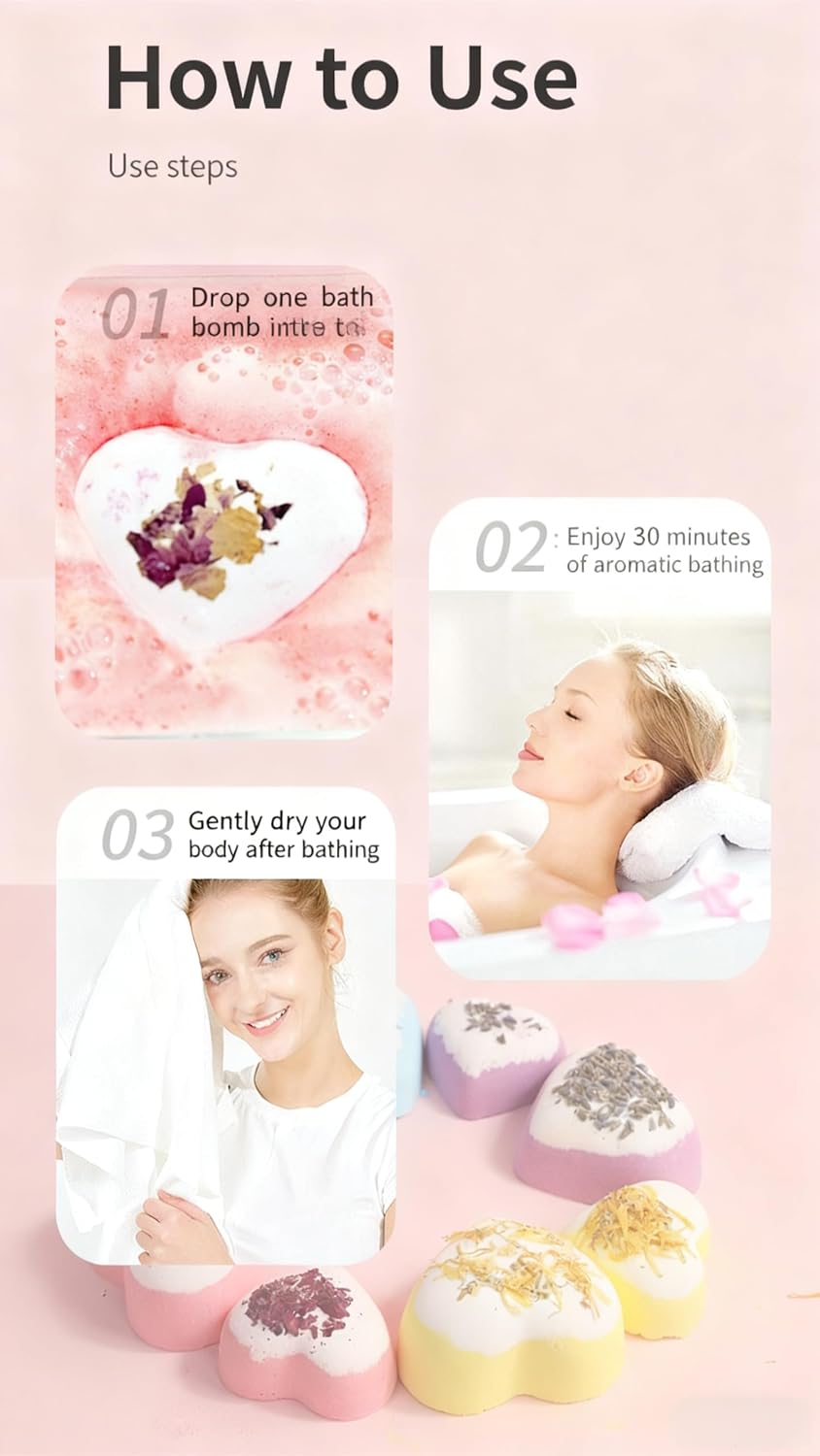 Luxury Valentine's Day Heart Bath Bombs Gift Set, 9 Large Moisturizing Bombs with Shea Butter, Natural Dried Flowers, Multiple Scents, Includes Rose Soap and Loofah