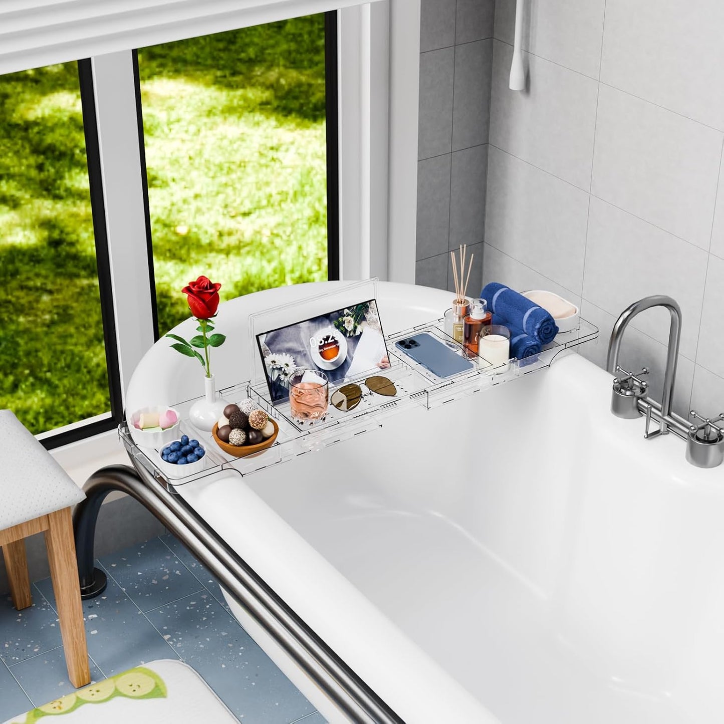 Yieach Luxury Clear Bathtub Shelf Across Tub,Expandable Plastic Bathtub Tray Over The Tub Bath Caddy,Free Standing Bath Table Board & Accessories for Women Relaxing with Reading Book and Ipad Holder