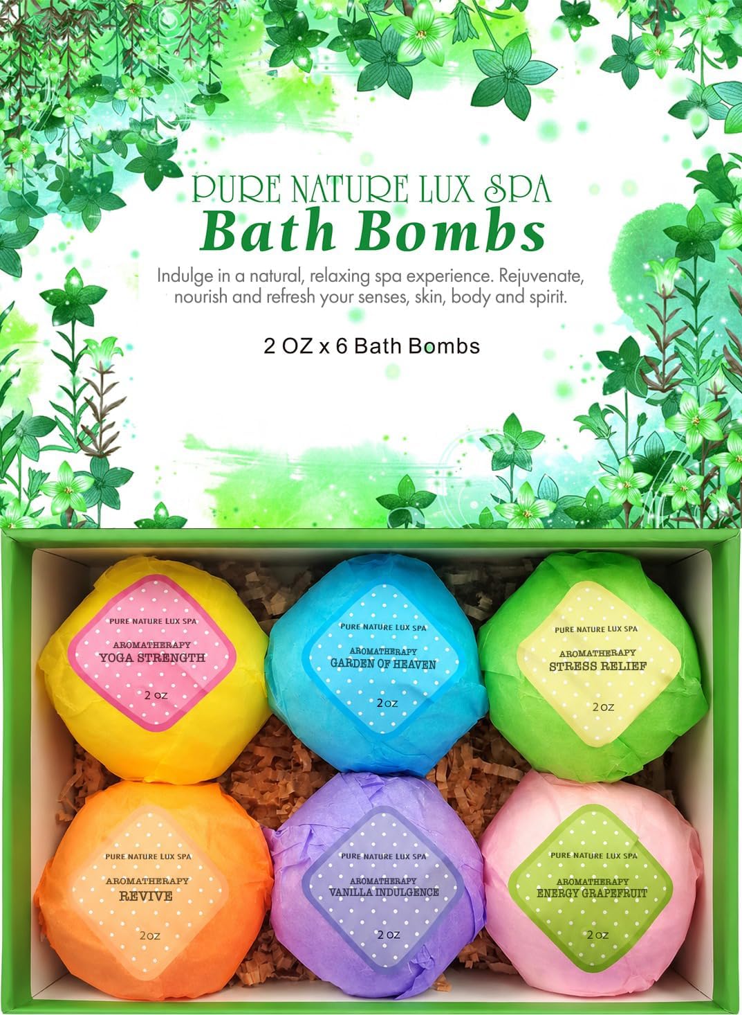Bath Bombs Gift Set - 6 Individually Wrapped Aromatherapy Fizzies with Coconut and Essential Oils - Relaxing Spa Gift for Women - Set of 6 (2 Oz Each)