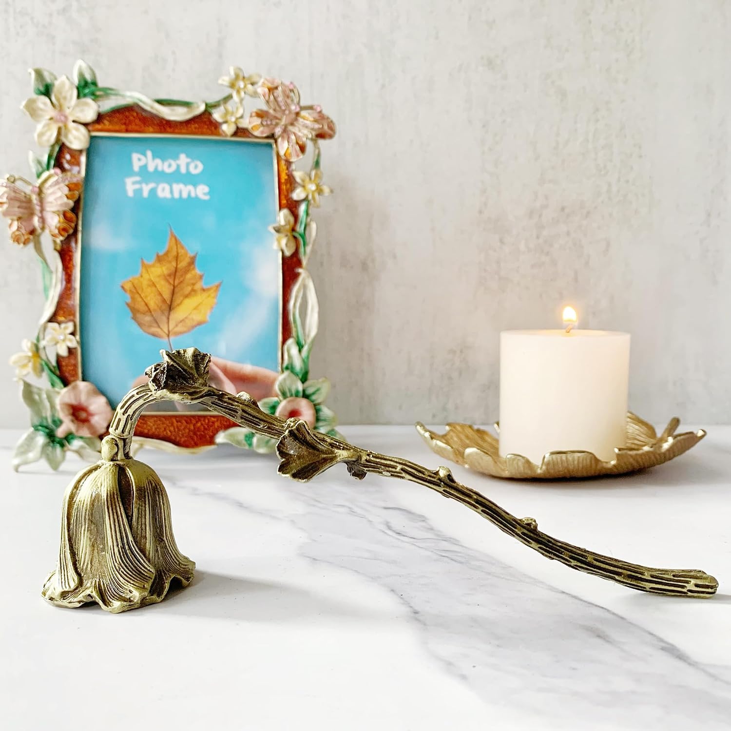 Ginkgo Candle Snuffer, Hand-Painted Metal Candle Extinguisher with Non-Slip Handle, Elegant Decorative Candle Tool for Hanukkah, Christmas, Birthdays (Rustic Ginkgo)