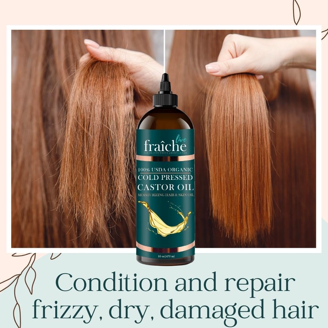 Organic Castor Oil (16oz) - Pure Castor Oil Organic Hexane Free Cold Pressed Unrefined Bottle - Natural Hair Growth Oil for Moisturizing & Healing Dry Skin - Castor Oil for Skin & Hair Treatment Oil