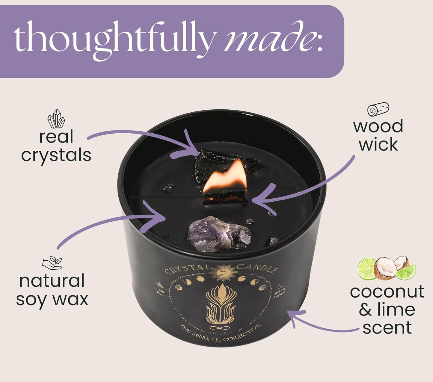 Black Crystal Candle for Women - 8oz Wood Wick Candle that Crackles with Natural Soy Wax. Luxurious Slow Burn, for Meditation. Includes Amethyst & Smokey Quartz Crystals