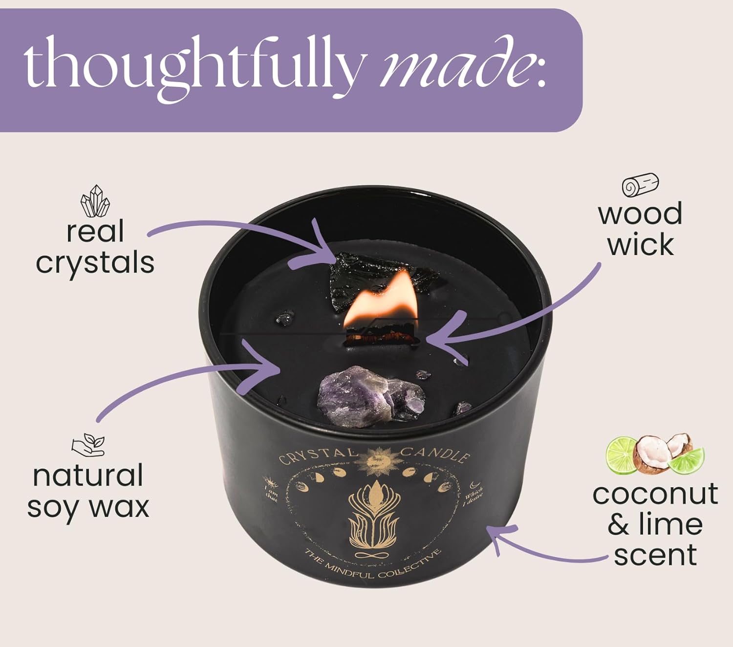 Black Crystal Candle for Women - 8oz Wood Wick Candle that Crackles with Natural Soy Wax. Luxurious Slow Burn, for Meditation. Includes Amethyst & Smokey Quartz Crystals