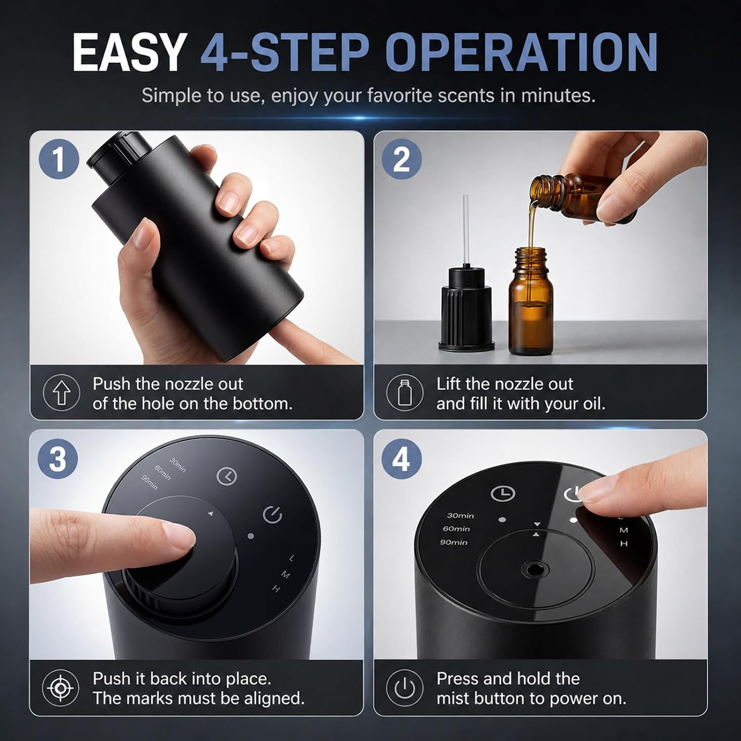 Homease Waterless Essential Oil Diffuser, Portable Cordless Aromatherapy with 3 Timers & Mist Levels, Rechargeable for Home Car Office, Premium Metal Black