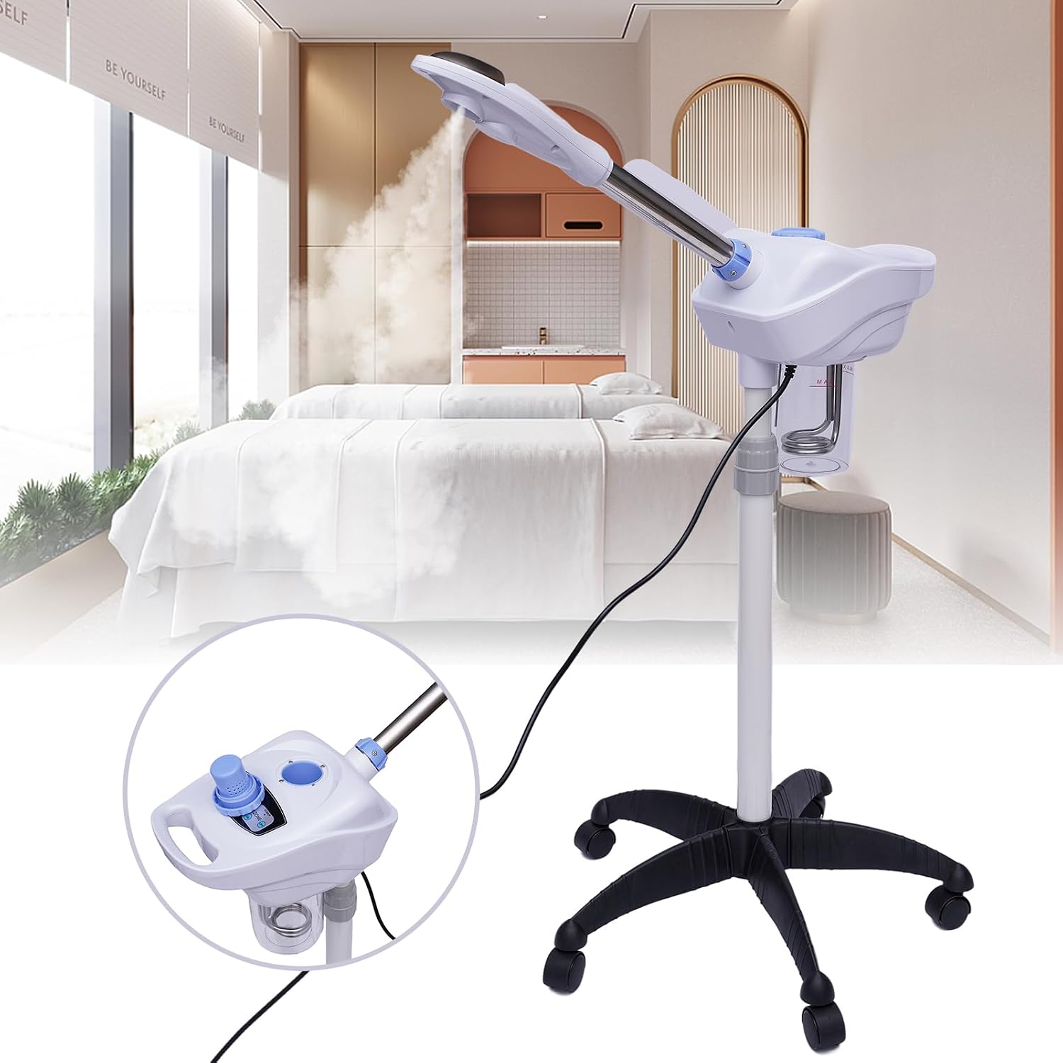 2 in 1 Vertical Roller Facial Steamer, Portable Removable Steamer Professional Beauty Misting Machine, Warm Steam Facial Humidifying Device with 360°Rotatable Nozzle and Herbal Mug