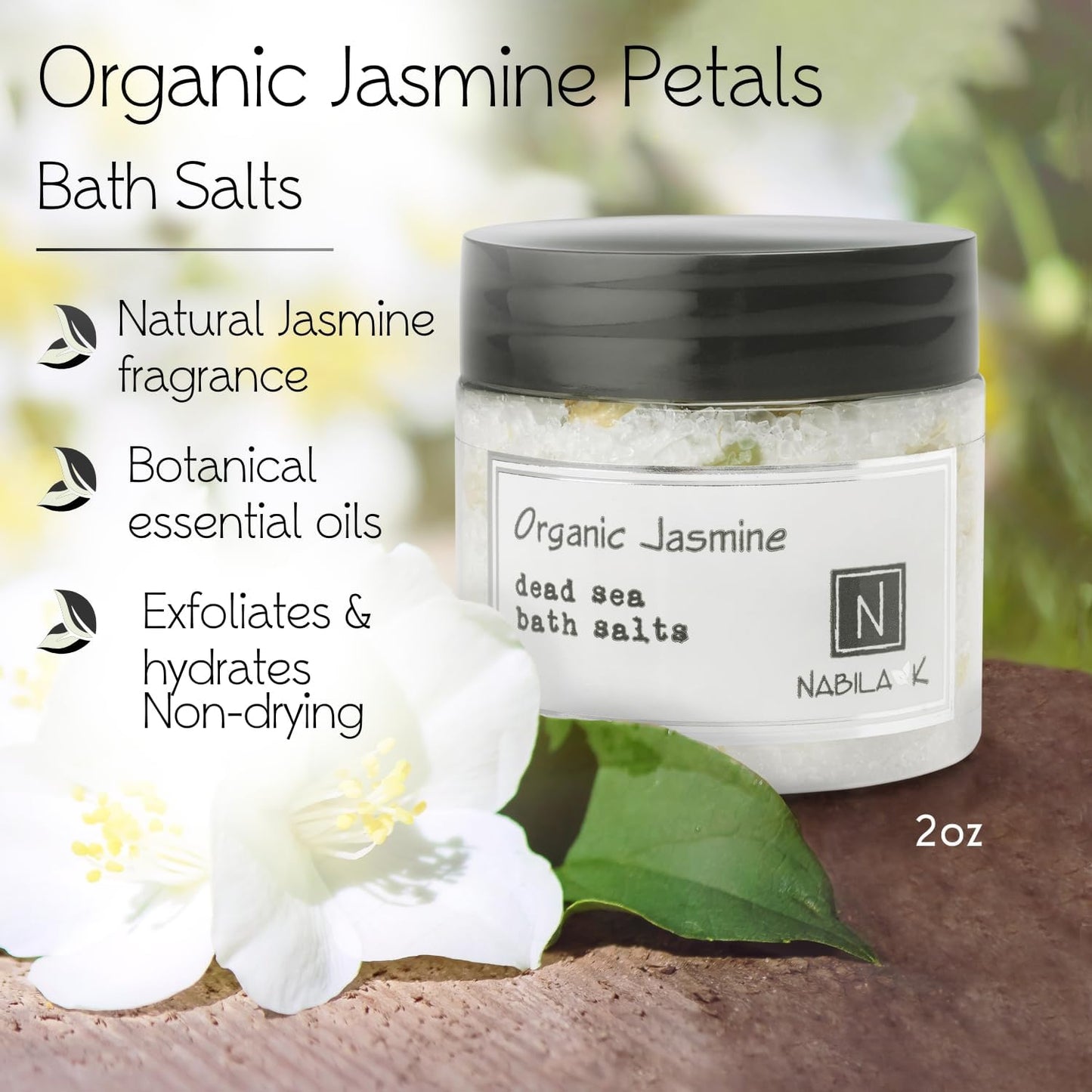 Organic Jasmine Bath Salts for Women & Men - Dead Sea Salt & Epsom Salt Soak and Scrub - Organic Jasmine Buds & Sambac Extract, Cruelty-Free, Sulfate-Free | Travel Size, 2 oz | Nabila K
