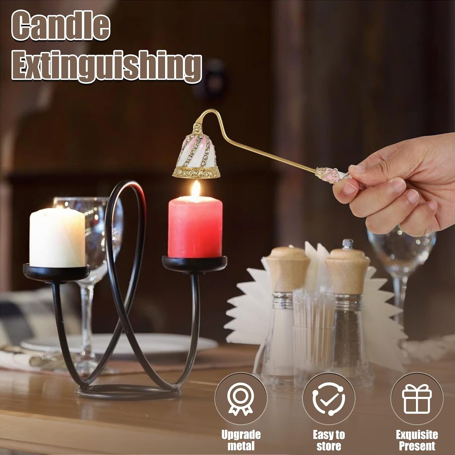 Candle Snuffer Vintage, Safe Candle Extinguisher with Metal Handle, Elegant Flower Shape Flame Extinguisher for Putting Out Flame (Pink)