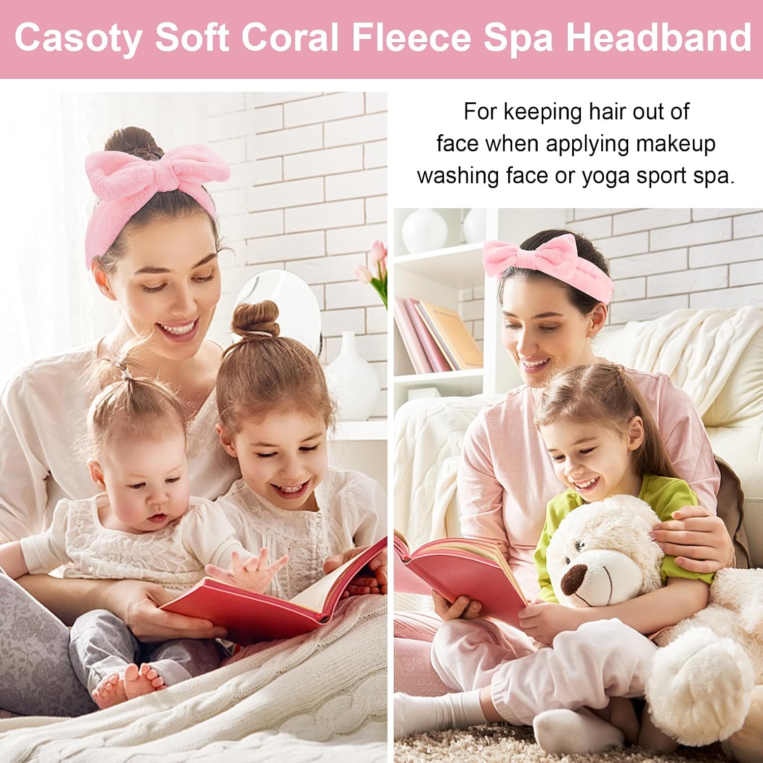 Casoty 4 Pcs Pink Spa Makeup Skincare Headband for Washing Face, Coral Fleece Face Wash Skin Care Headband, Spa Party Supplies for Women Girls