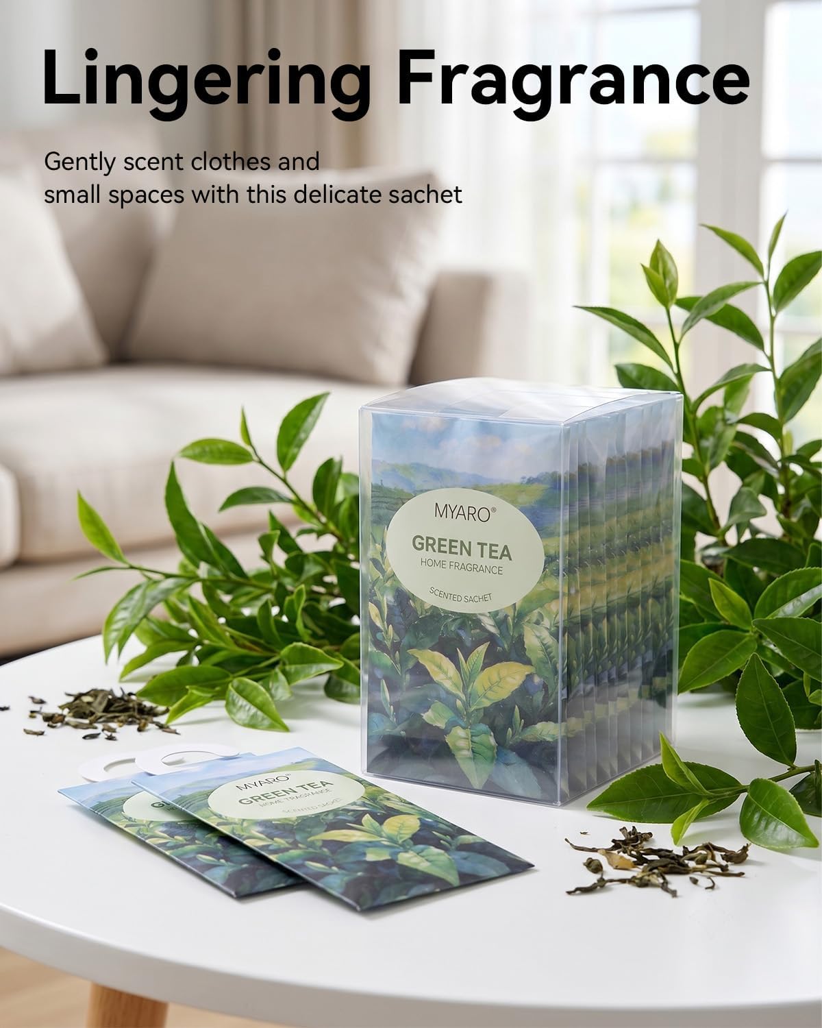 MYARO Hanging Sachets Air Freshener for Home: 12 Packs Clean & Fresh Hanging Scented Sachet Bags for Closet, Clothes, Lingerie Drawer, Car, Bedroom, Laundry Fragrance Gift for New House (Green Tea)