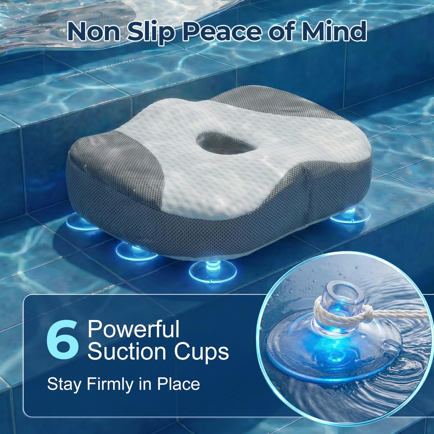 Idle Hippo Hot Tub Booster Seat, 4D Air Mesh Hot Tub Pillow with Powerful 6 Non-Slip Suction Cups, Ergonomic Booster Cushion, Quick Dry Spa Pillow for Indoor Outdoor Hot Tub-White/Grey