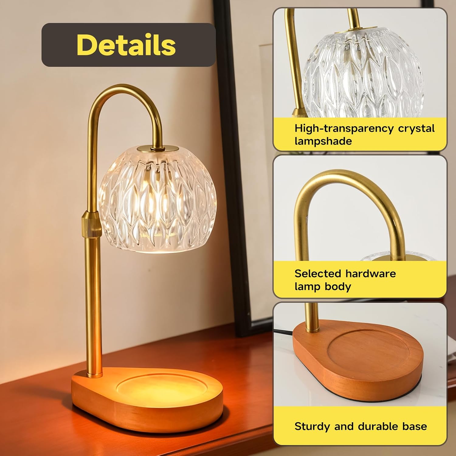 WEILASA Candle Warmer Lamp Crystal Glass Shade, Electric Candle Melter with Adjustable Wooden Bottom seat for Home Warm Home Decoration Gifts-Gold