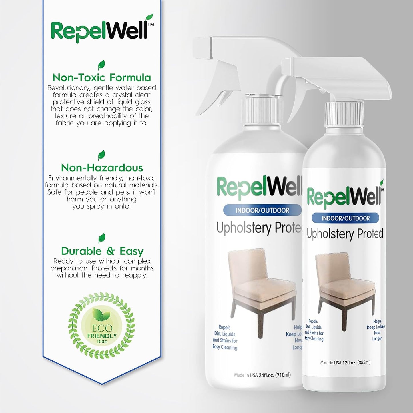 RepelWell Upholstery Protect Stain & Water Repellent Spray (12oz) Eco-Friendly, Pet-Safe Spray Keeps Your Fabric, Leather & Suede Upholstery Looking Like New