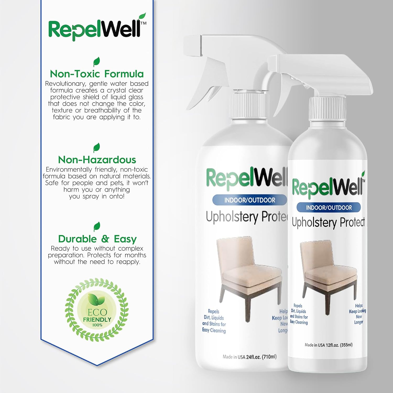 RepelWell Upholstery Protect Stain & Water Repellent Spray (12oz) Eco-Friendly, Pet-Safe Spray Keeps Your Fabric, Leather & Suede Upholstery Looking Like New