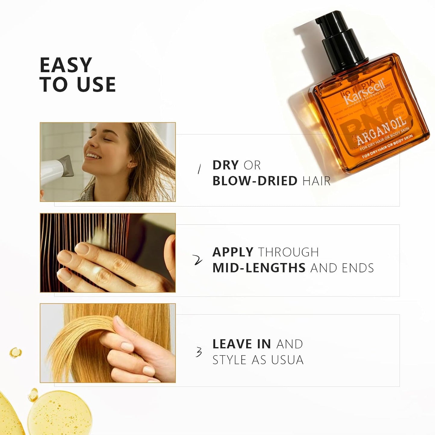 Karseell BNC Argan Oil Hair Treatment for Dry, Damaged & Frizzy Hair, Lightweight Leave-In Hair Oil for Color-Treated, Bleached & Split Ends, Adds Shine, Smoothness