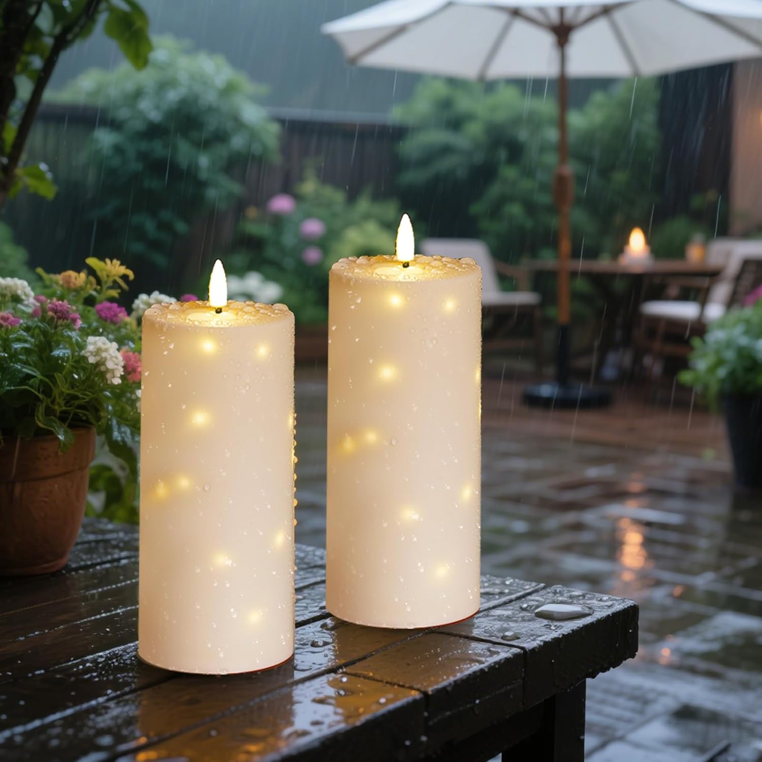 Sasigeiaa Waterproof Outdoor Candles with Timer & Remote - Battery Operated LED Candles, Realistic Flameless Plastic Pillar, Pack of 2 (4" D x 10" H, Ivory) for Patio, Garden Camping Rainy Weather