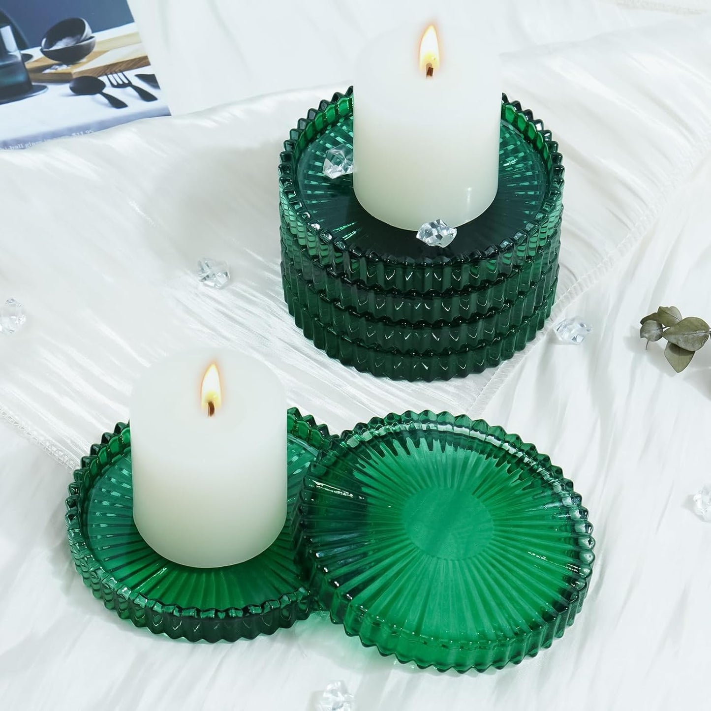 Candleholder Glass Candle Holder Plates Set of 6, Round Glass Candle Tray Plates for Dining Wedding Lantern Festival Party Evening Light, Green
