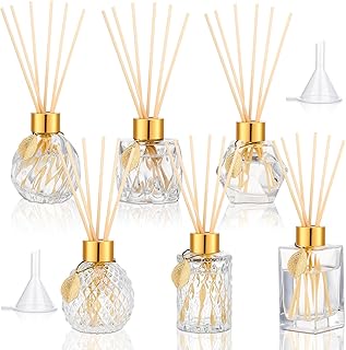 6 Pcs Reed Diffuser Gift Set Empty Reed Diffuser Bottle and 30 Pcs Sticks with Metallic Leaves Decoration Funnels 3.4 oz Fragrance Glass Prismatic Bottles for Essential Oil DIY Home Office, 6 Styles