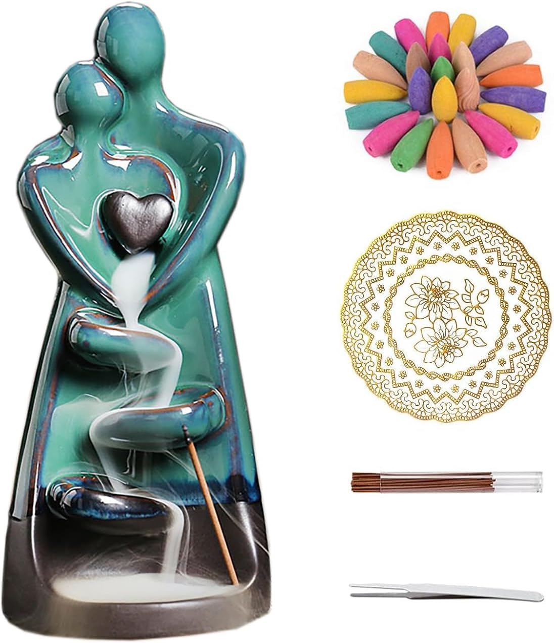Ceramic Incense Holder, Creative Incense Waterfall Ornament, Backflow Incense Burner with 20 Cones + 30 Sticks, Zen Garden Yoga Meditation Home Decor