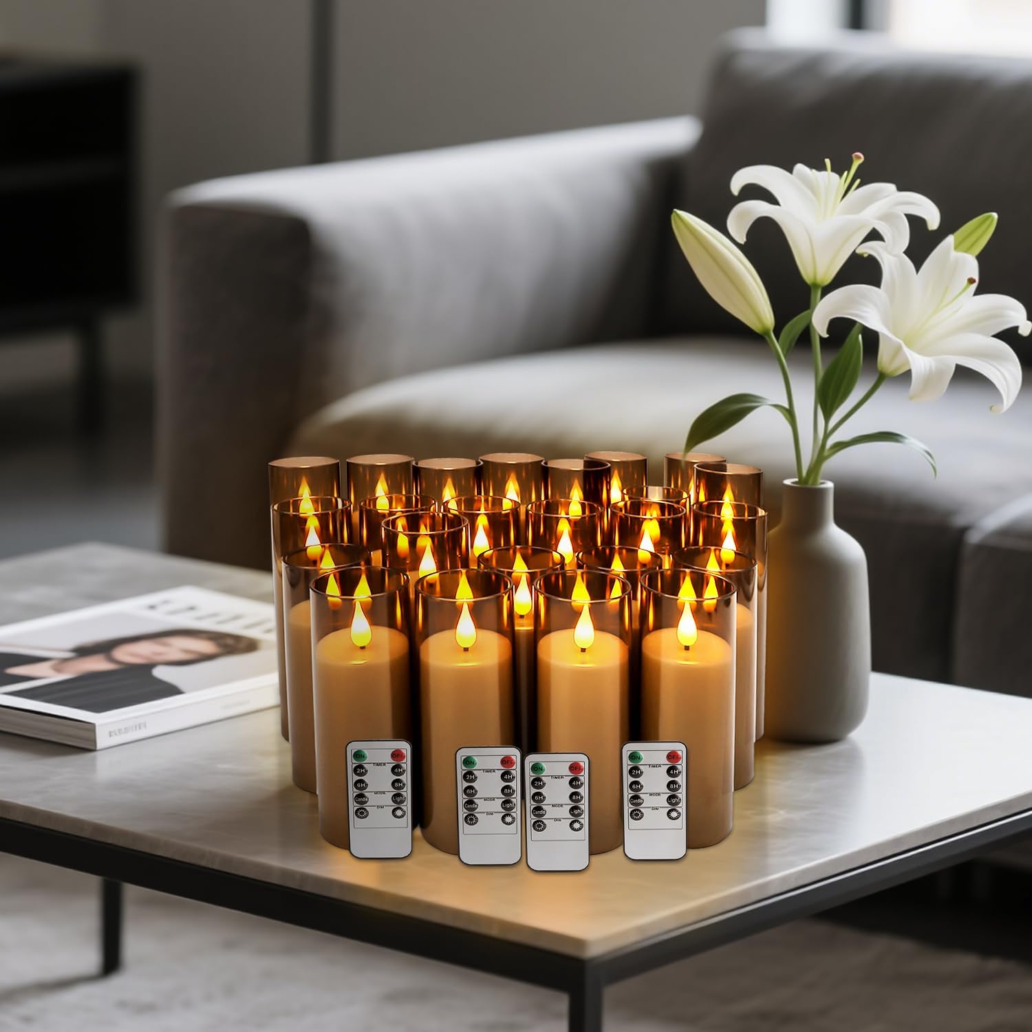 24 Pack LED Gray Flameless Candles with Remote, 3D Flickering Battery Operated Candles in Glass Holders, Safe for Weddings, Parties, Home and Outdoor Decor.