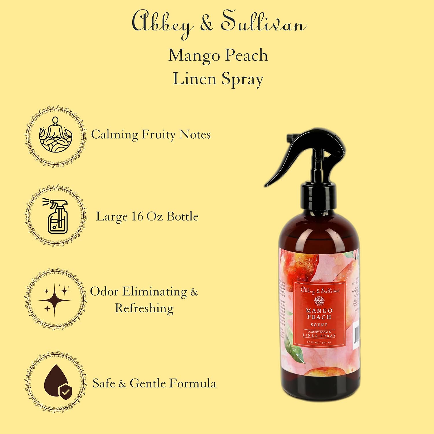 Abbey & Sullivan Linen Spray, Mango Peach, Fabric Freshener and Fragrance Room Spray, Pack of 2, 16 oz