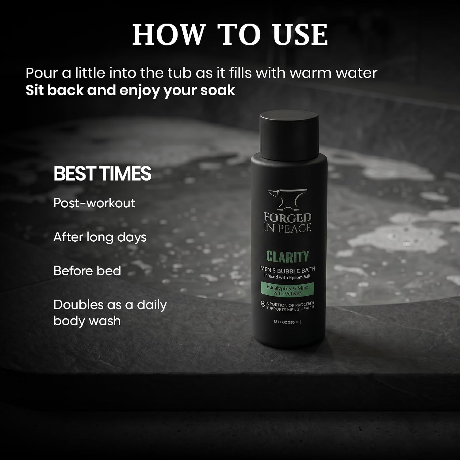 Men’s Bubble Bath with Epsom Salt & Aloe - Eucalyptus, Mint & Vetiver | Muscle Recovery, Skin Care, Stress Relief | 12 Fl Oz | Supports Men's Health