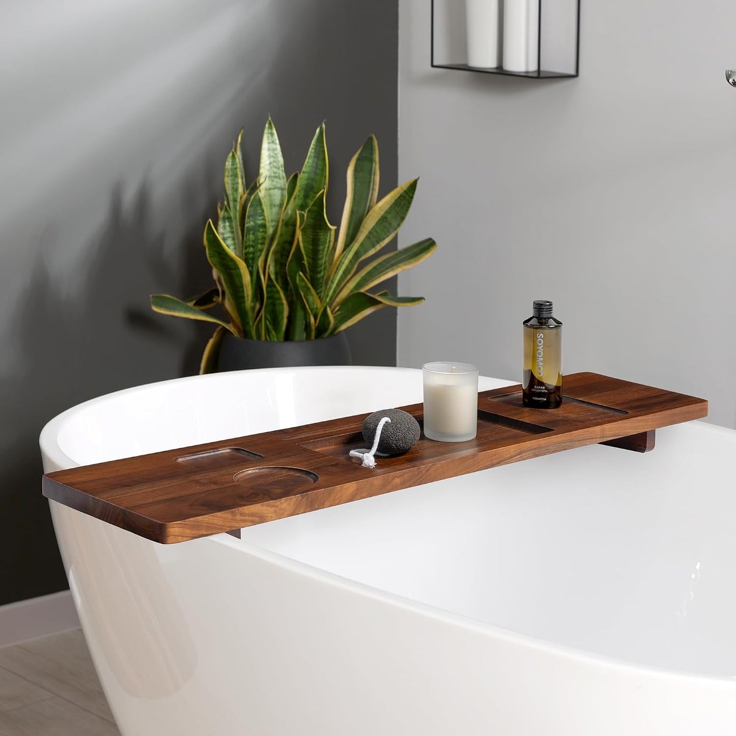 Teak Bathtub Tray for Freestanding Tubs - 35" Heavy-Duty Luxury Bath Caddy, Non-Slip Zero-Wobble Design, Water-Resistant Spa Organizer with Wine Glass & Phone Holder