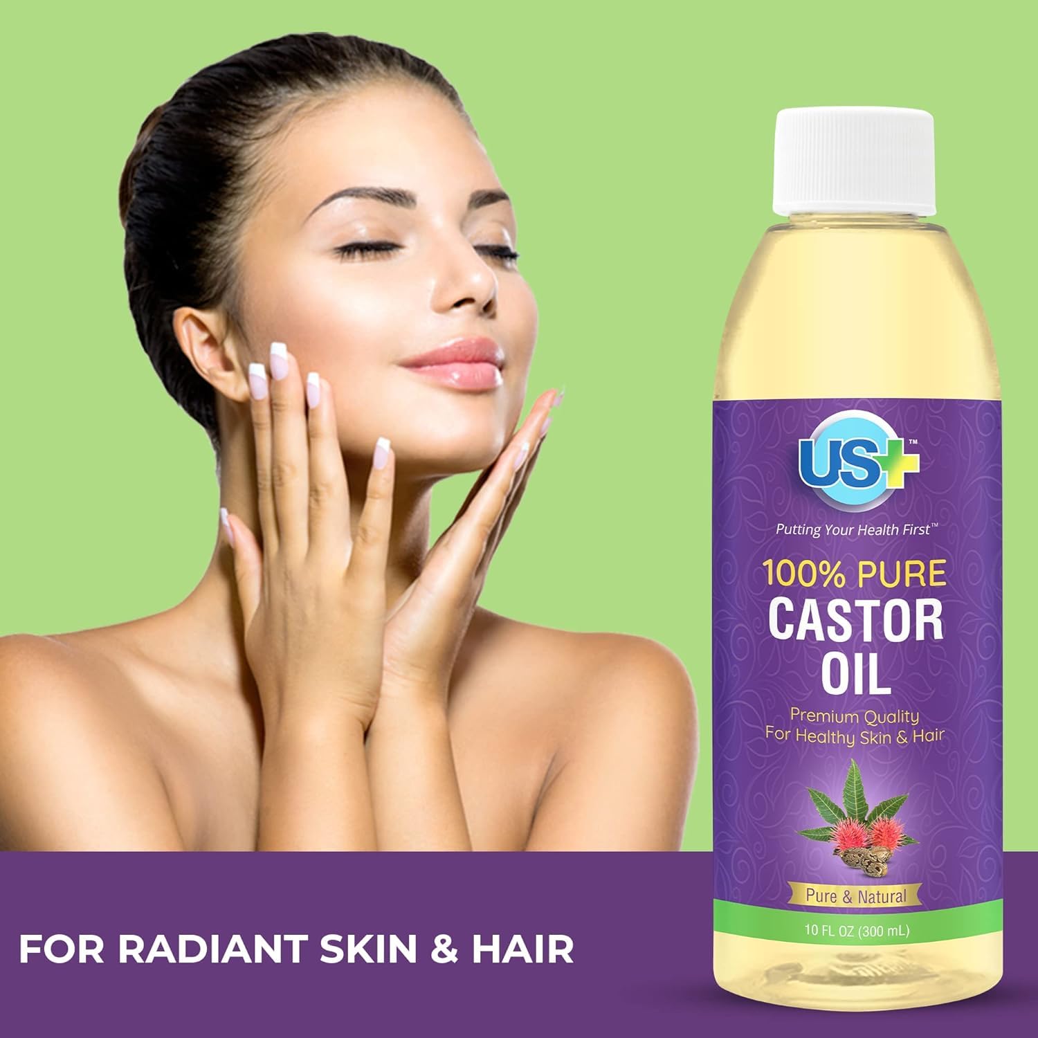 US+ 10oz 100% Pure Castor Oil - Cold-pressed, Unrefined, Hexane-free - USP Grade - Premium Quality for Healthy Skin & Hair