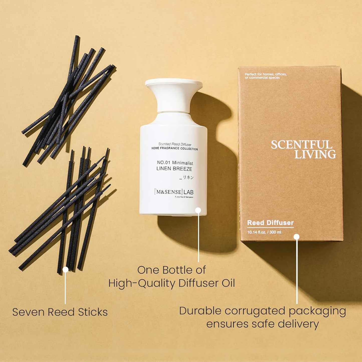 M&SENSE Minimalist Large Reed Diffuser 300ml, Linen Breeze Scented with Natural Essential Oils, Long Lasting with 7 Sticks, Non-Toxic Home Fragrance for Bedroom, Bathroom Decor