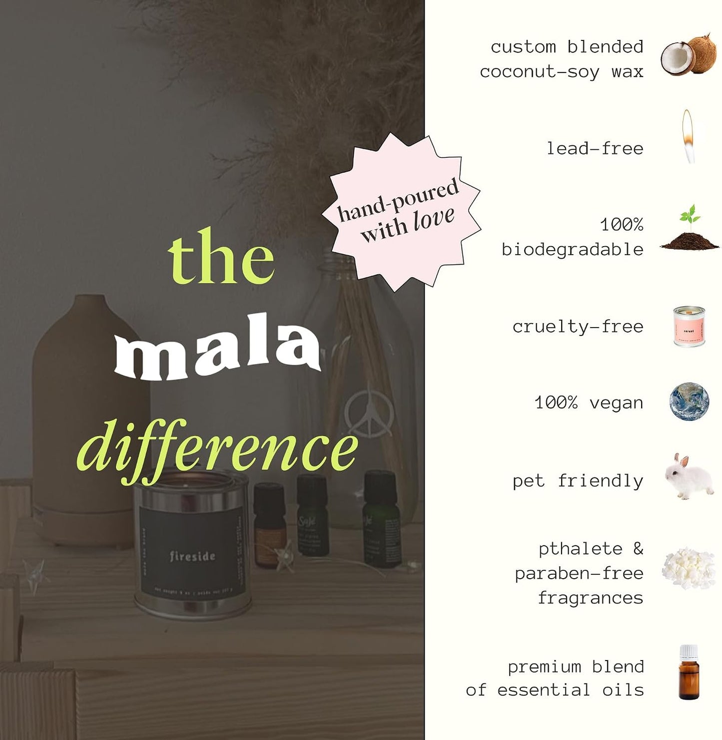 Mala Fireside - Black Amber, Musk and Lavender Candle - Vegan Soy Hand Poured Aromatherapy Candle with 45 Hour Burn - Classic 6.8 oz Size