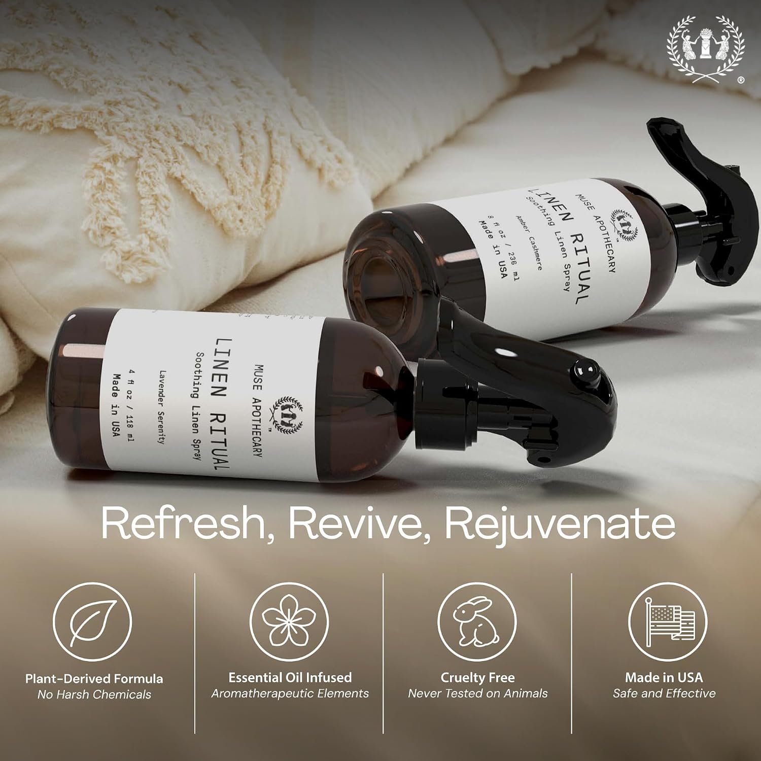Muse Apothecary Linen Ritual - Aromatic, Soothing, and Relaxing Linen Mist, Laundry and Fabric Spray - Infused with Aromatherapy Essential Oils - 4 oz, Amber Cashmere