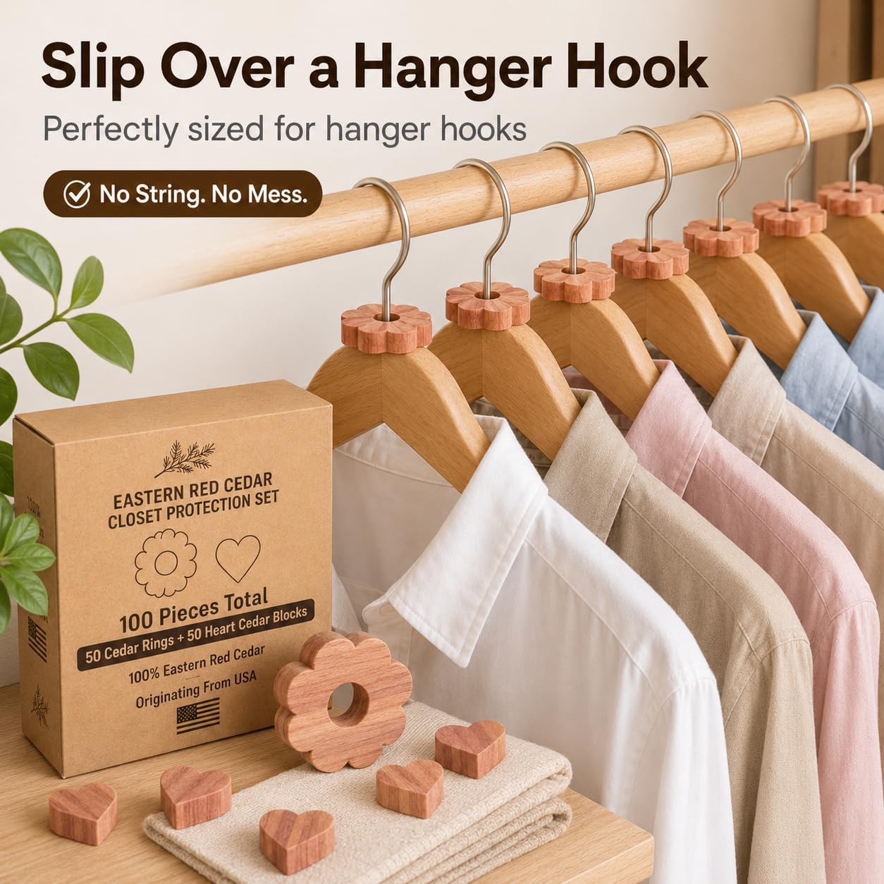 100 Pack Cedar Blocks for Clothes Storage, 100% Natural Aromatic Cedar Blocks for Closet, Wardrobe, Drawers and Shelves - 50 Rings and 50 Hearts Scented Wardrobe Freshener