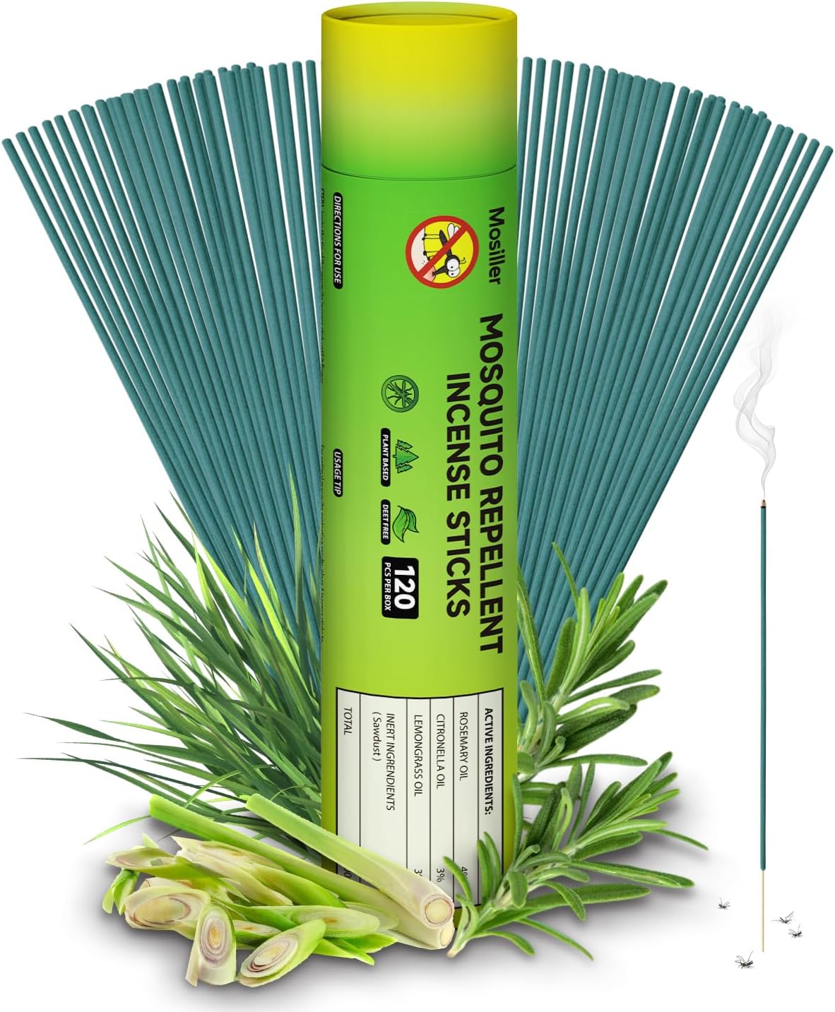 Mosiller Incense Sticks 120 PCS, Contain Natural Plant Essential Oils Such as Citronella, Rosemary, and Lemongrass, Safe for Pets, Suitable for Indoor, Patios, Fishing, Camping