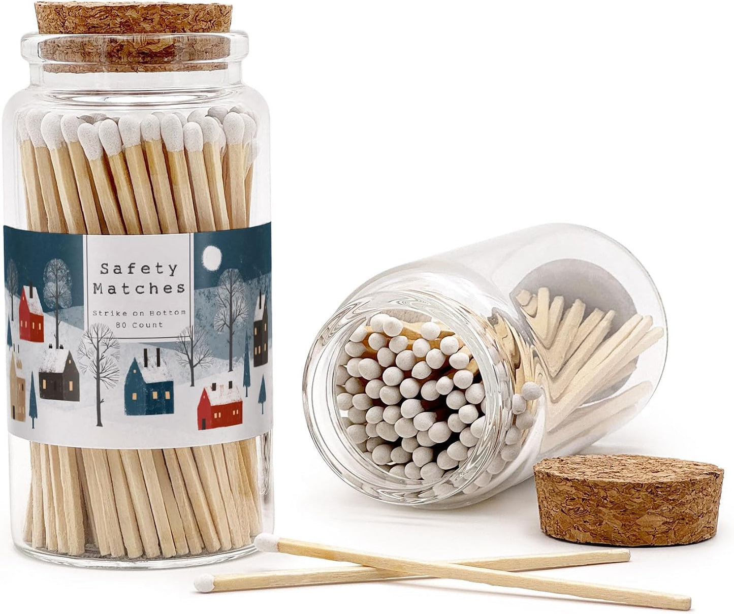Snowy Village Wooden Matches in a Jar with Striker | Decorative Matches for Candles | Long Matches for Candles in Apothecary Glass Jar | Approx. 80 Safety Matches for Home Decor & Bathroom