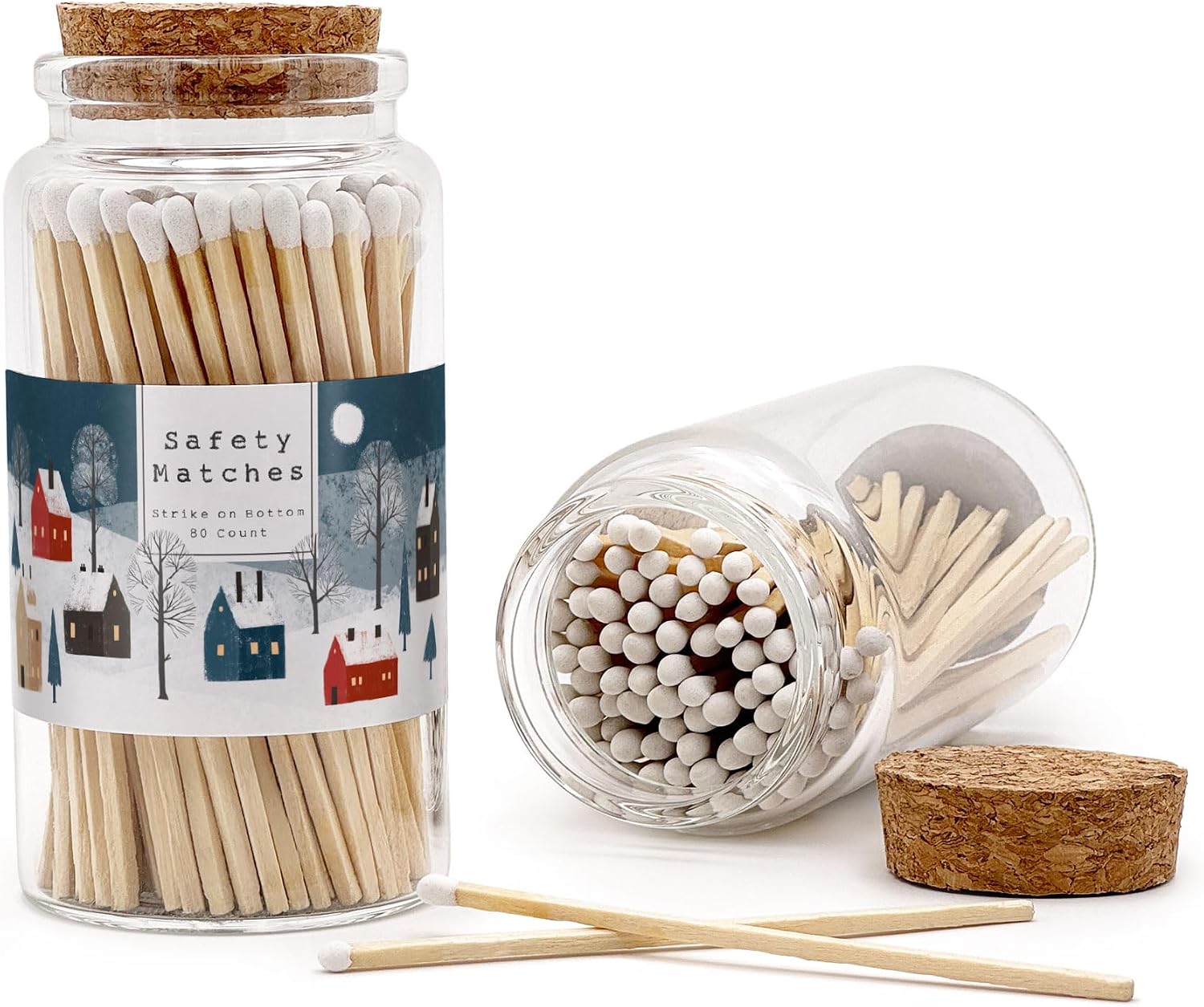 Snowy Village Wooden Matches in a Jar with Striker | Decorative Matches for Candles | Long Matches for Candles in Apothecary Glass Jar | Approx. 80 Safety Matches for Home Decor & Bathroom