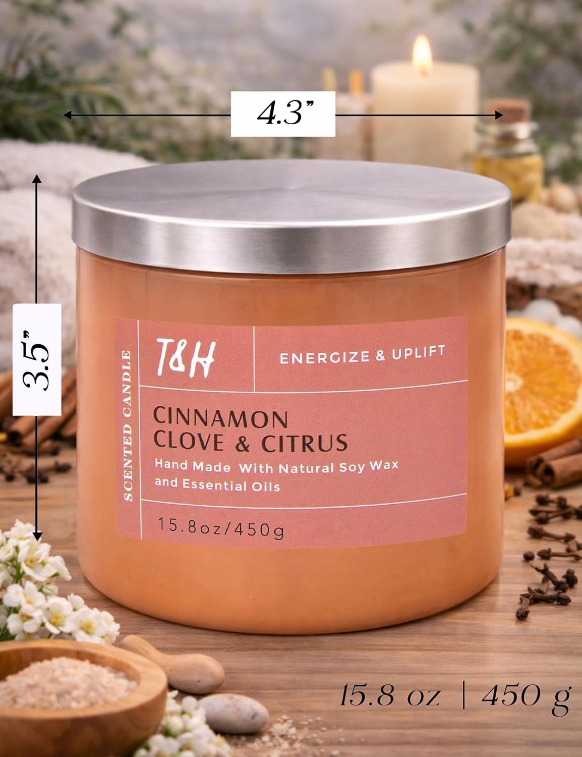 Cinnamon Clove Citrus 3-Wick Soy Candle | 15.8 oz Large Scented Candle for Home | Clean Burn Long Lasting | Spiced Lemon Lime Scent | Gift Ready