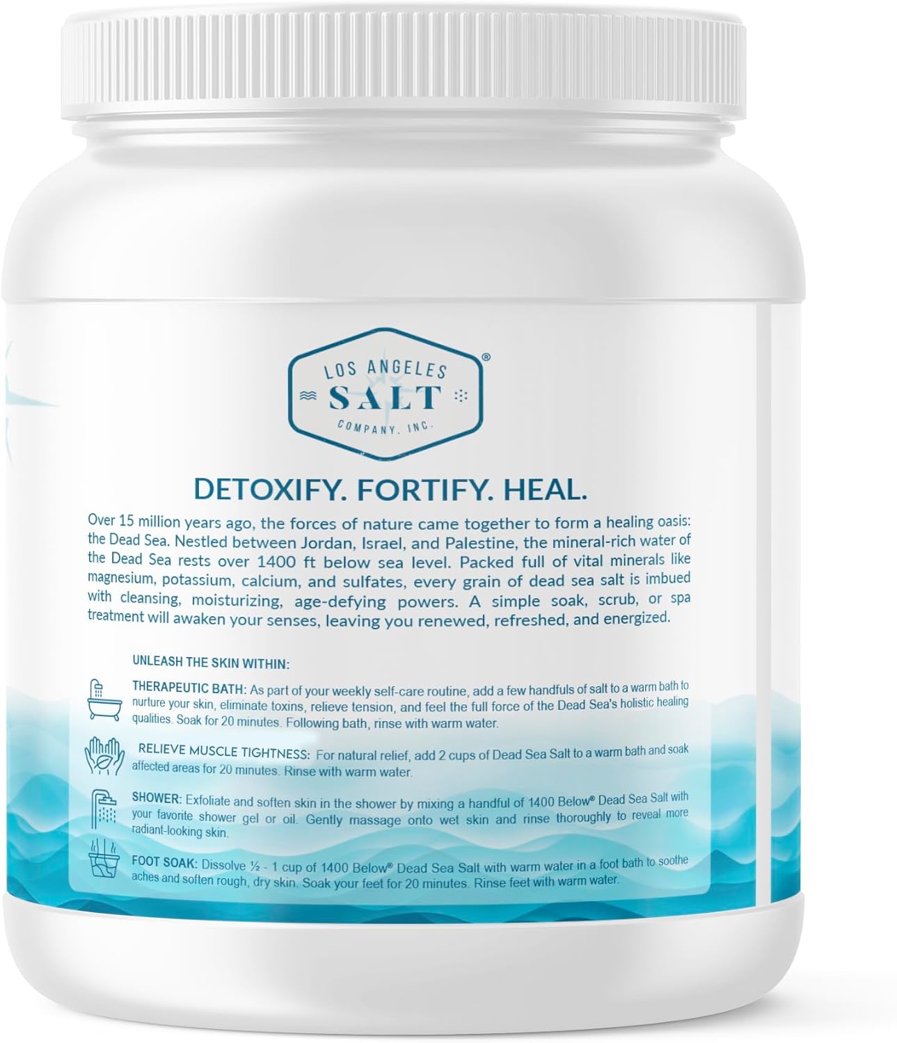 LA SALT CO 1400 Below 5 Lbs Jar Dead Sea Salt, Fine Grain - Foot and Spa Bath Soak, Exfoliating Body Scrub, 100% Pure and Mineral-Rich, Highest Mineral Content – Natural Muscle Tension Relief