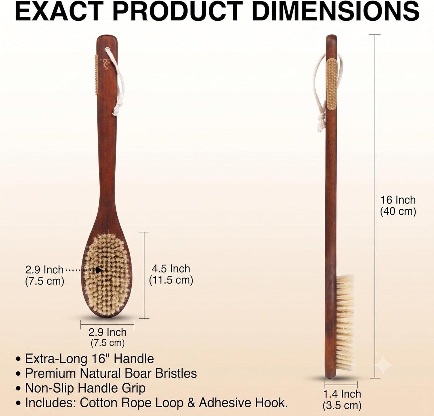 Wooden Bath Brush with Gentle Bristles Long Handle for Shower Back Scrubber Body Exfoliator (Gental Boar Bristle)