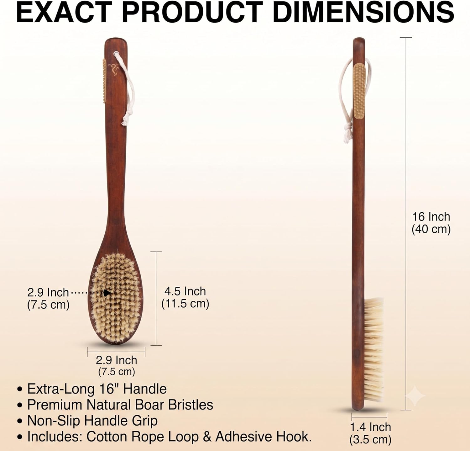 Wooden Bath Brush with Gentle Bristles Long Handle for Shower Back Scrubber Body Exfoliator (Gental Boar Bristle)