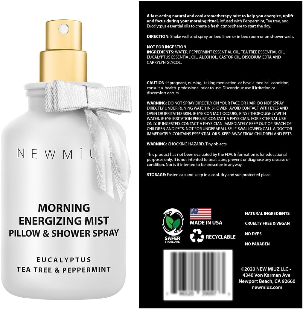 Energizing Shower & Pillow Spray Peppermint Eucalyptus Tea Tree Essential Oils Natural Fast Acting Aromatherapy Mist for Relaxation Calming Stress Clear Sinus Cooling Relief Luxury Self Care Gift