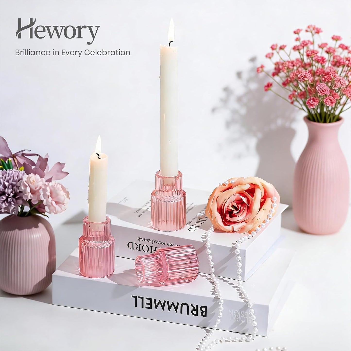 Hewory Glass Pink Candle Holder: 10PCS Valentines Taper Candle Holders for Table Centerpiece, Tapered Candlestick Holders for Valentines Day Decorations Gifts Anniversary Wedding Holiday Home Decor
