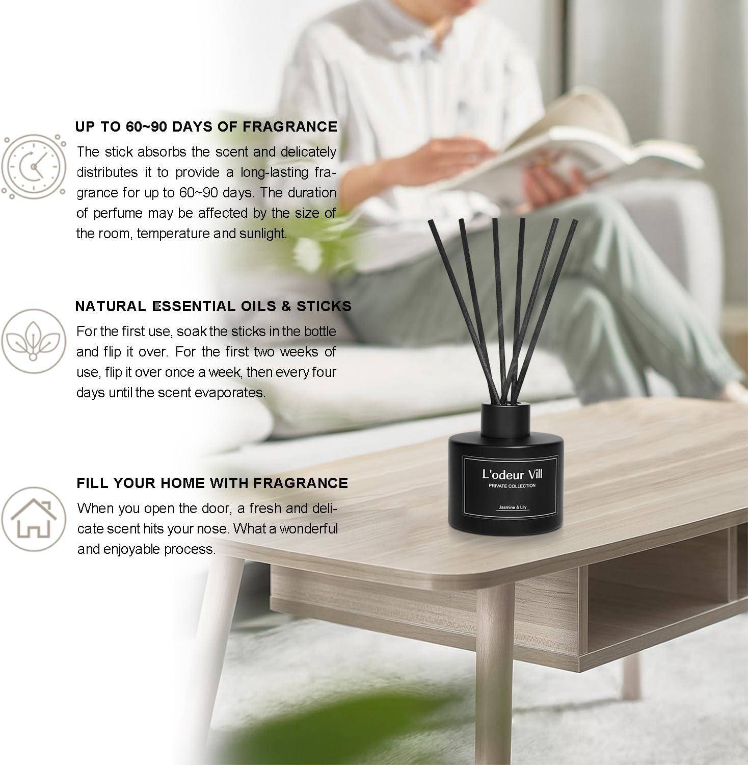 Reed Diffuser, 3.4oz(100ml) Jasmine & Lily Reed Diffuser Set with 6 Oil Diffuser Sticks, Matte Black Aroma Scent Diffuser, Long Lasting Home Fragrance for Bathroom Shelf Decor