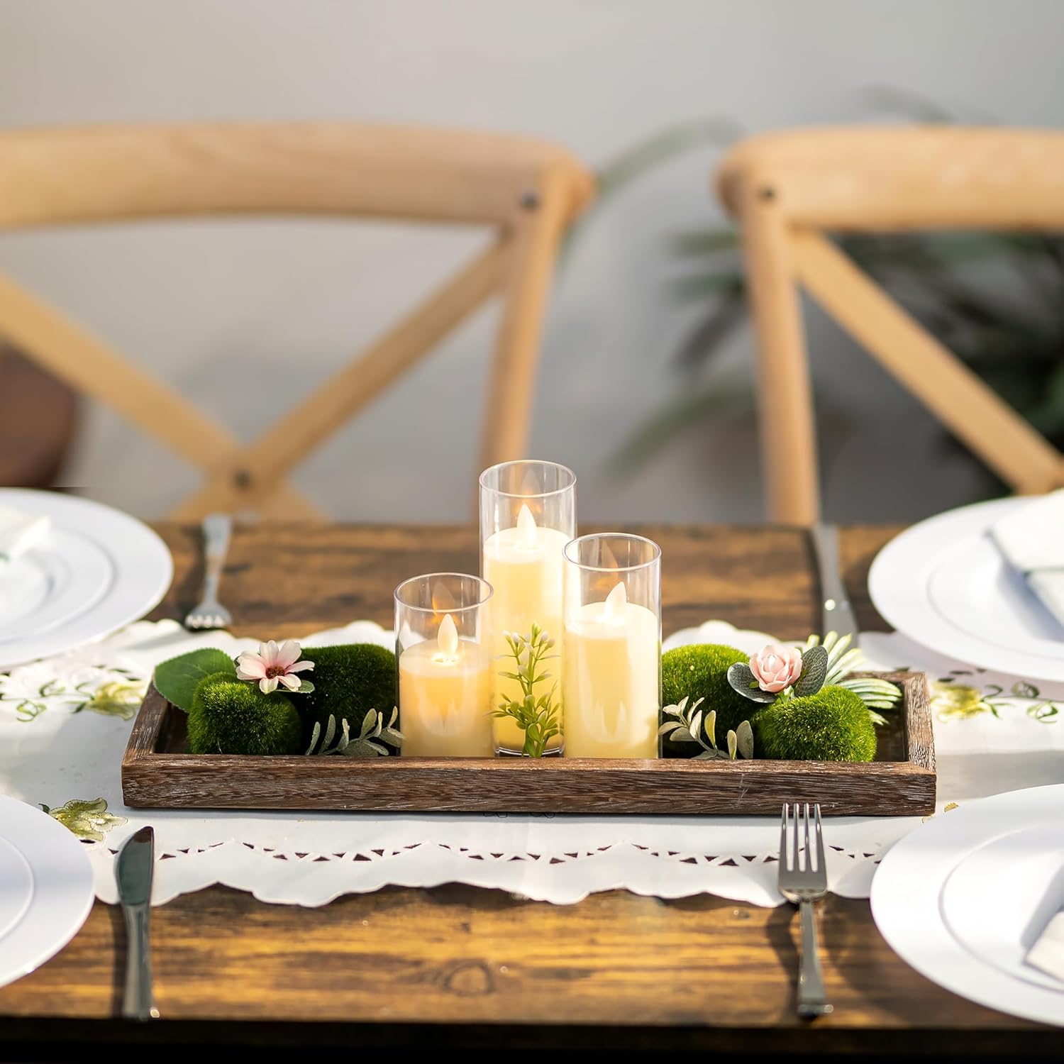 Romadedi Rustic Decorative Wood Candle Tray - 17" Wooden Long Narrow Tray Candle Holder, Farmhouse Small Trays for Coffee Table Centerpieces Dining Room Kitchen Countertop Home Decor, Brown